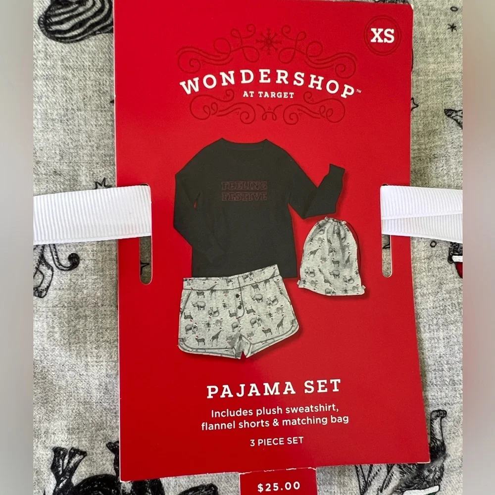 Wondershop Feeling Festive 3pc Backpack Pajama Set Sweatshirt Flannel Shorts XS
